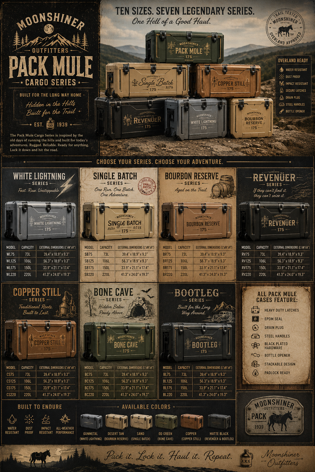 Pack Mule Cargo Series — full lineup brand sheet showing all seven series