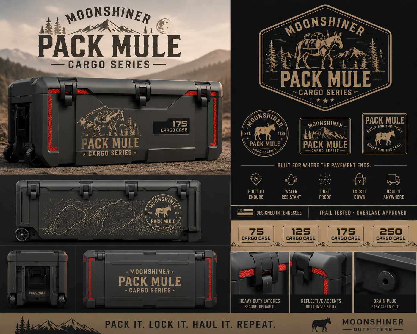 Pack Mule Cargo Series — product detail sheet showing features and sizes
